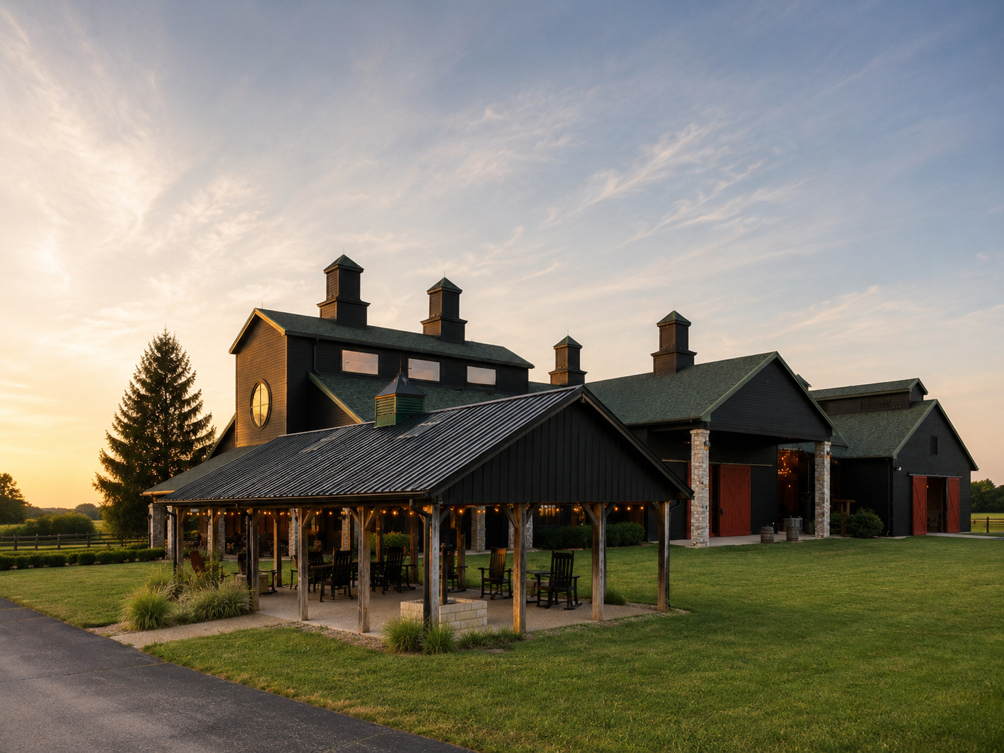 The Show Barn pavilion lit up at dusk